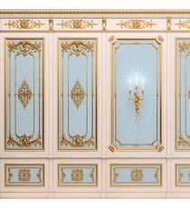 <p>Ornate french wall paneling with scrolls, palmettes and floral elements</p>