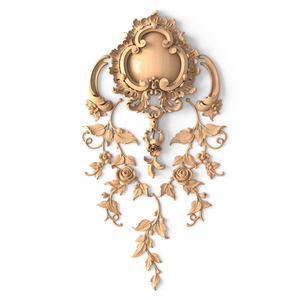 This regency-style hardwood onlay showcases intricate rose motifs, crowned by an elaborate cartouche..