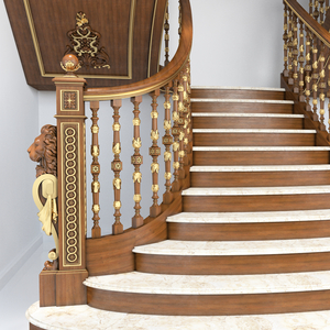 Hardwood round custom newel post with floral ornamentation