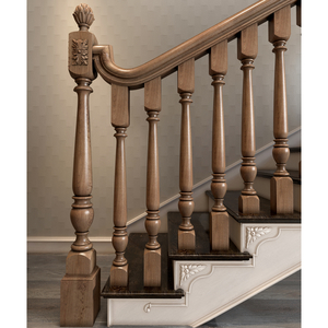 Hardwood round custom newel post with floral ornamentation