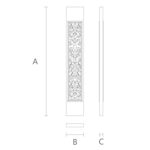 Diagram of a rectangular baluster with floral tracery made of oak wood