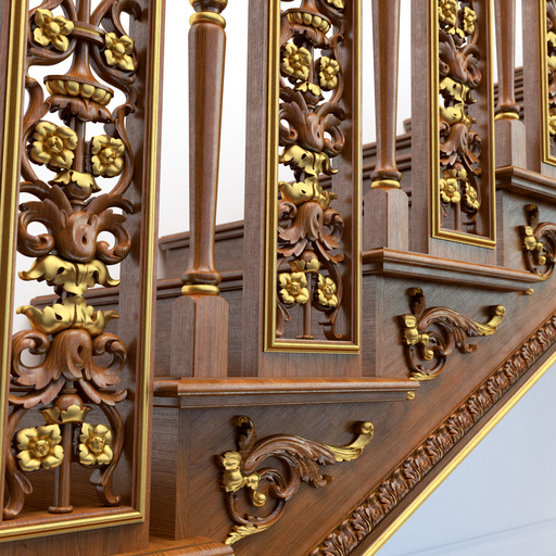 Lower part of the rectangular balustrade with floral ornament in oak wood