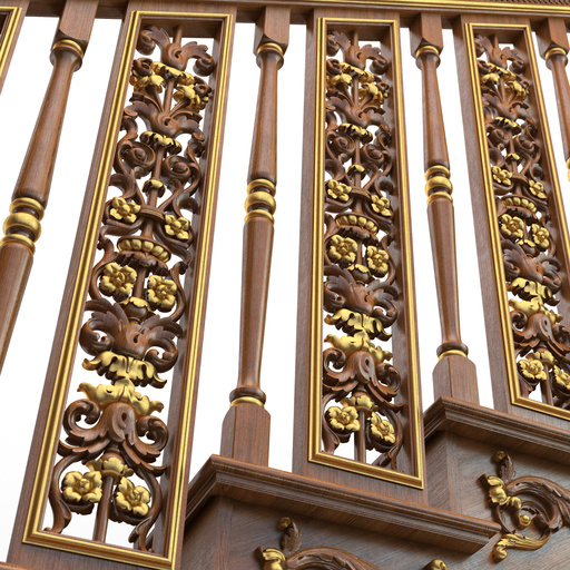 Bottom view of a rectangular balustrade with floral ornamentation in oak wood