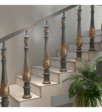 Craftsman style wood stair balusters with floral overlay