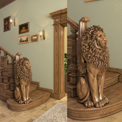 Carved wood Lion statue newel post