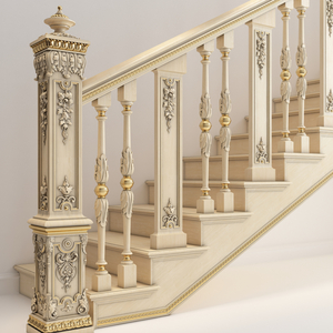 Craftsman style wood stair balusters with floral overlay