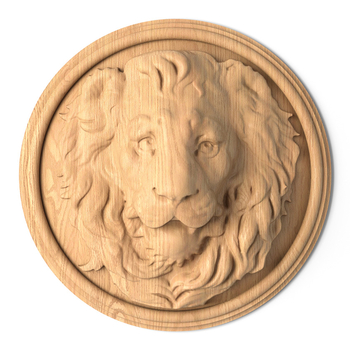 Carved lion head wood applique round wall decor