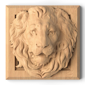 Wood Applique Lion Head Square-shaped from solid wood at Carved-Decor.com