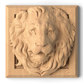 Wood applique lion head square-shaped from solid wood