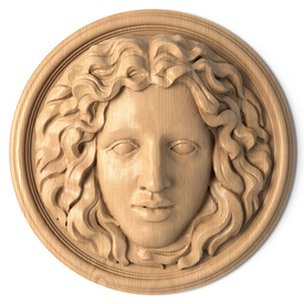 Female Face Wood Applique in a Round Shape Wall Decor at Carved-Decor.com