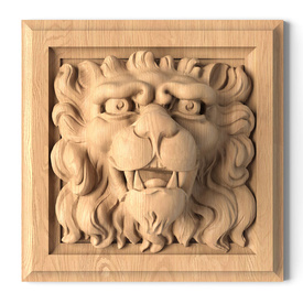 Carved Wood Wall Decor Lion Head Square-shaped from solid oak 