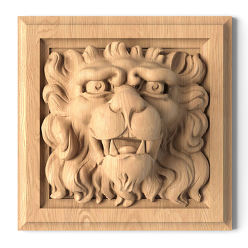 Carved wood wall decor lion head square-shaped from solid oak 