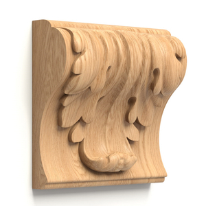 This decorative corbel, carved from hardwood, exhibits a square shape with gentle curves, representi..