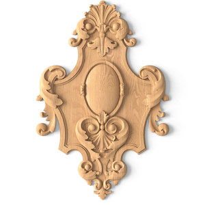 Carved Baroque style cartouche onlay for interior from oak