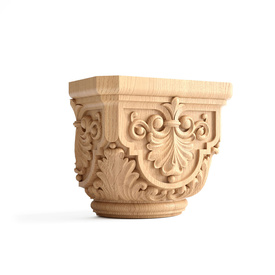 Wood carving Corinthian column capital with acanthus leaf pattern and scrolls 