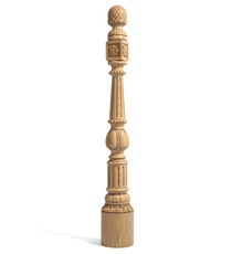 Round wood newel post with flame finial