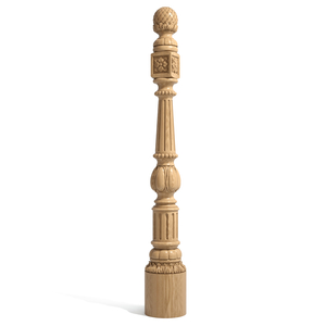 Large round stair newel post with artichoke finial and floral decoration