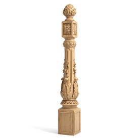 Wood carved newel post with floral ornament and acanthus leaf pattern