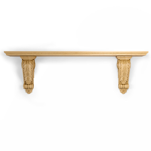 Long wooden wall shelf with two corbels