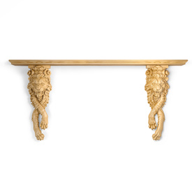 Decorative long wooden wall shelf with pair of carved wood brackets lions 
