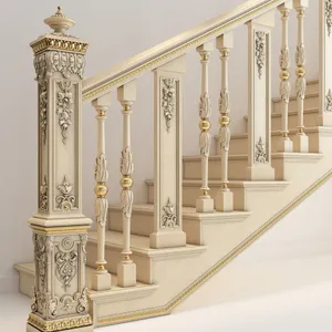 Craftsman style wood stair balusters with floral overlay