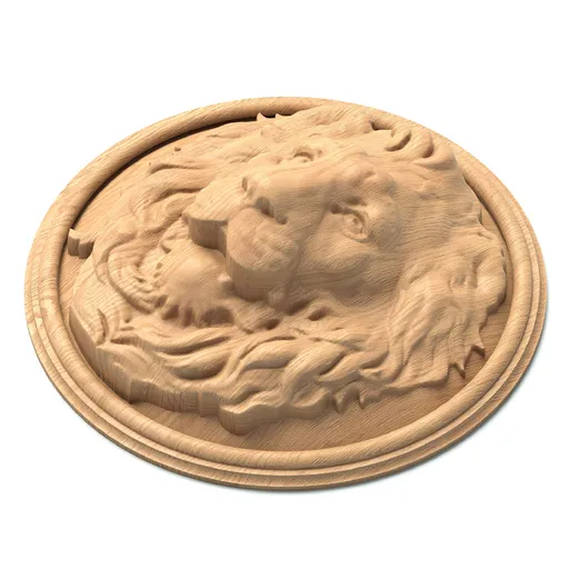 M-002 Carved lion head oak applique round - 2