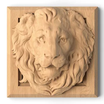 Wood applique lion head square-shaped from solid wood Wood applique lion head square-shaped from solid wood
