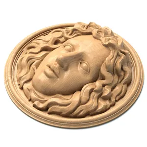 Female face oak applique in a round shape