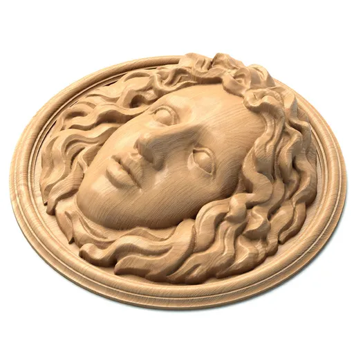 Female face oak applique in a round shape