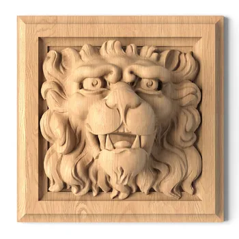 Carved wood wall decor lion head square-shaped from solid oak Carved wood wall decor lion head square-shaped from solid oak