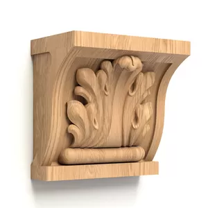 A square, geometric wooden bracket with an Art Deco touch features a carved acanthus leaf on its fac..