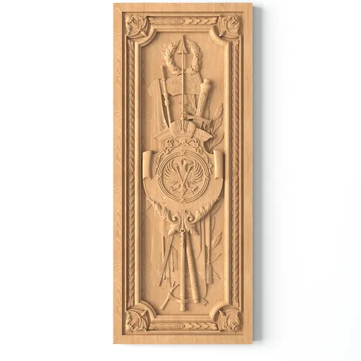N-376 large vertical hand carved shield. swords. spears wood applique classical style