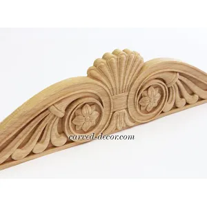 large Antique Style Wood Pediment with Scrolls & Flowers