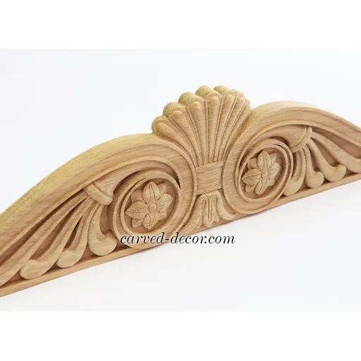 large Antique Style Wood Pediment with Scrolls & Flowers