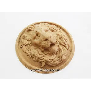 M-002 Carved lion head oak applique round - 3