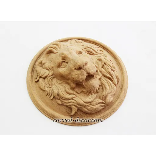 M-002 Carved lion head oak applique round - 3