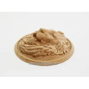 M-002 Carved lion head oak applique round wall decor - 1