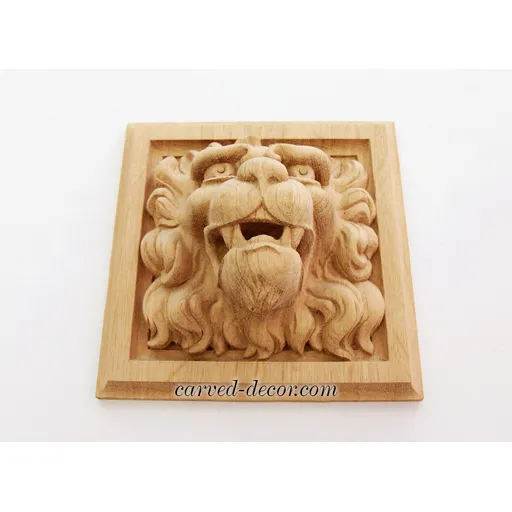 Carved oak wall decor lion head square-shaped - 2