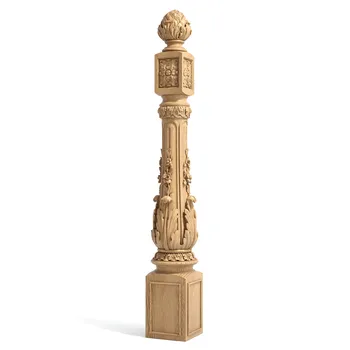 Wood carved newel post with floral ornament and acanthus leaf pattern Wood carved newel post with floral ornament and acanthus leaf pattern