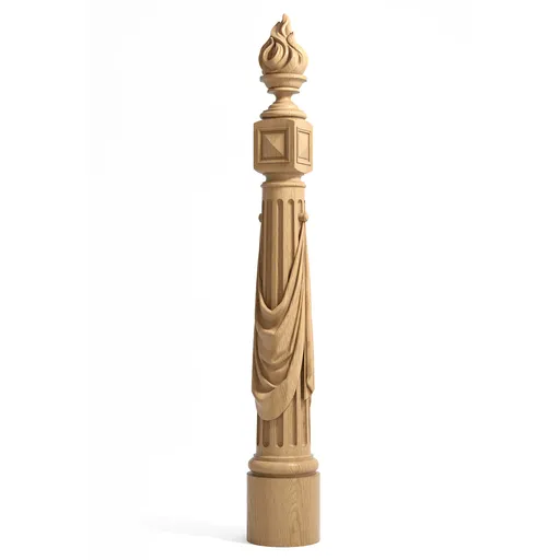 L-068.02 Round oak newel post with flame finial