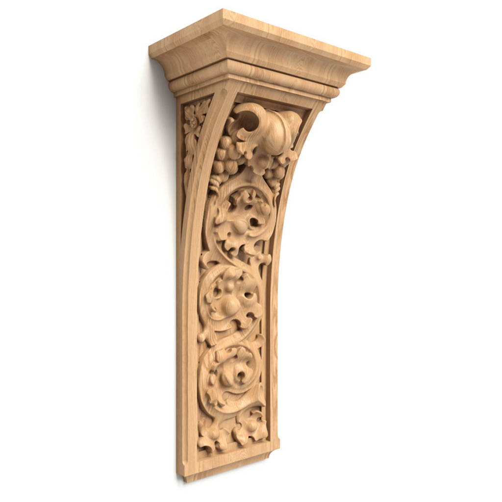 Ornate gothic corbel with grapewine from oak hardwood
