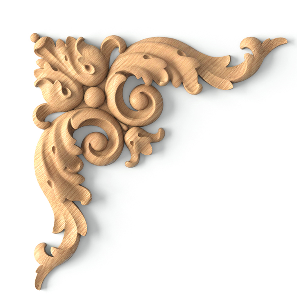 Ornate wooden onlay, Acanthus corner onlay